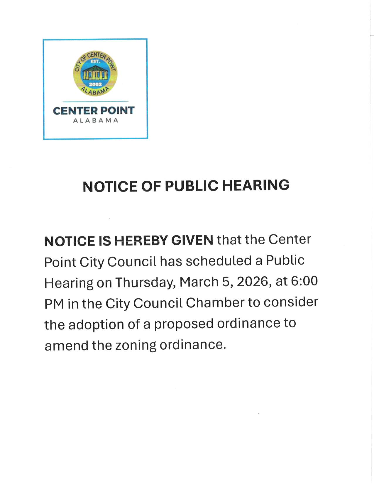Notice of Public Hearing regarding amending the zoning ordinance