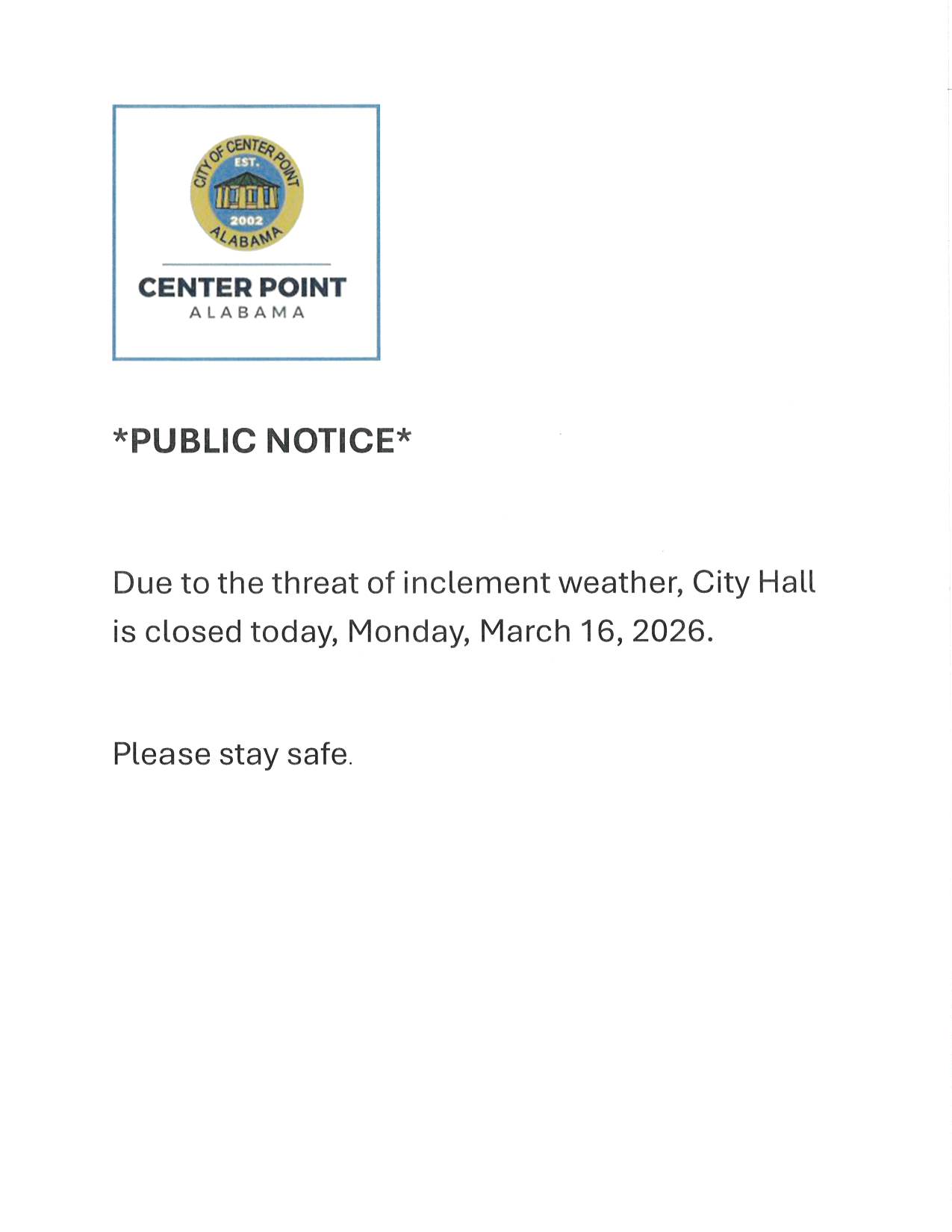 Public Notice Regarding Inclement Weather