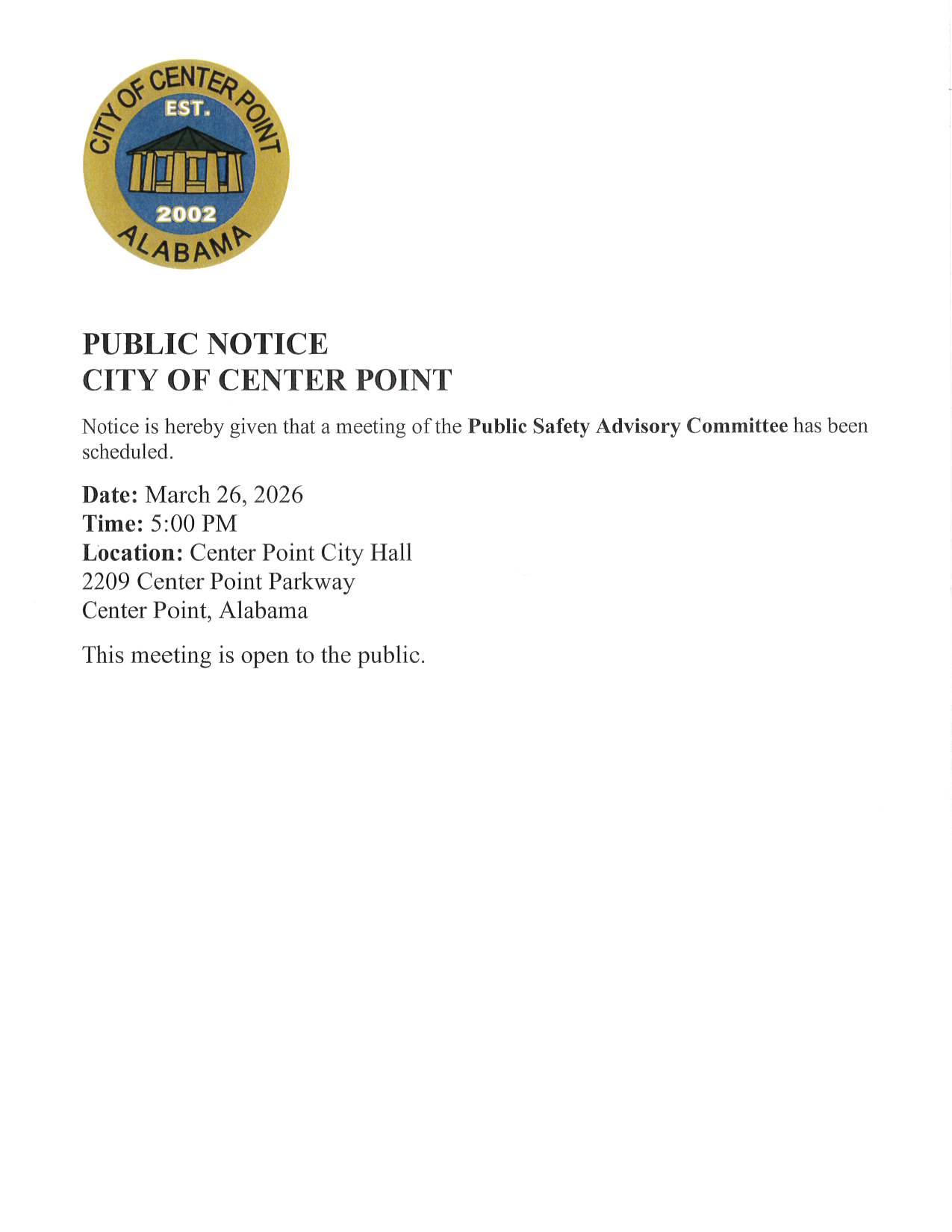 Public Notice Regarding Public Safety Advisory Committee Meeting