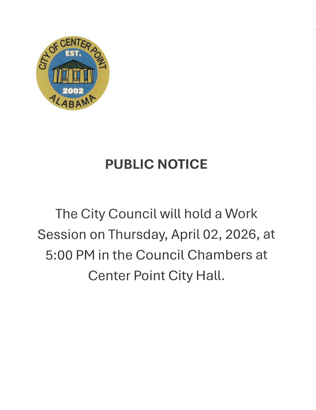 Public Notice Regarding City Council Work Session Meeting